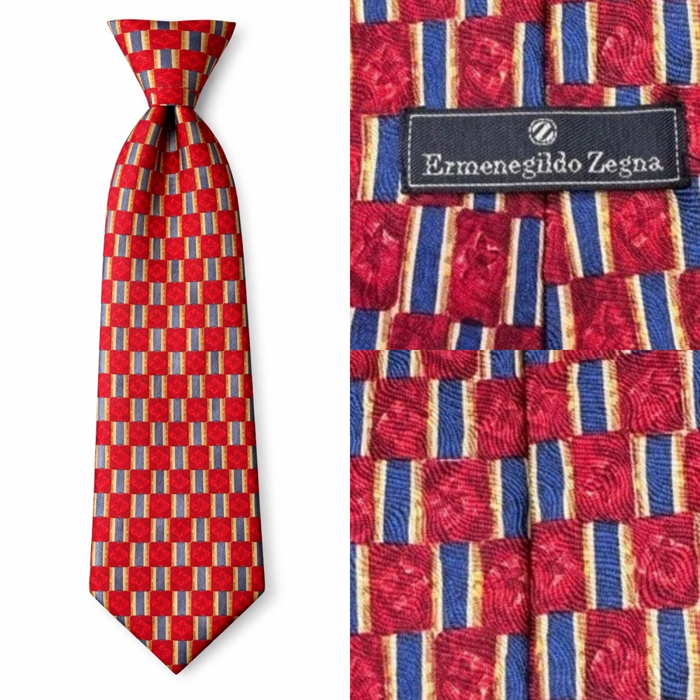 Ermenegildo Zegna Silk Tie‎ Red Blue Gold Geometric Pattern Luxury Mens Fashion